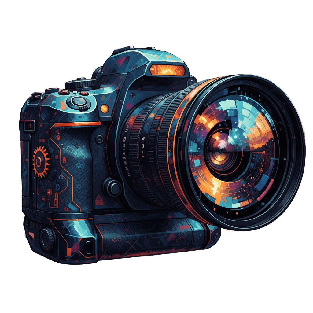 Battle-worn sci-fi camera inventory icon with glowing circuitry