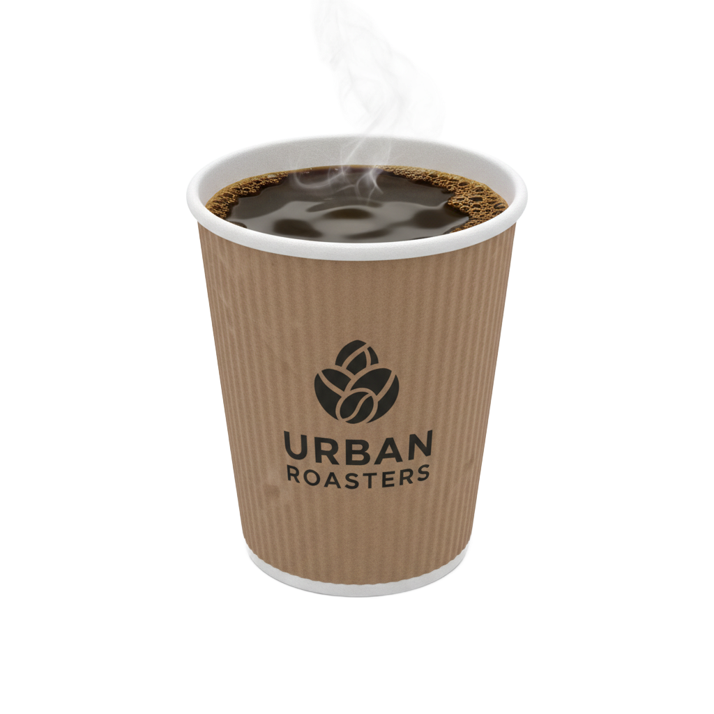 Design a takeaway coffee cup with steam rising and coffee shop branding