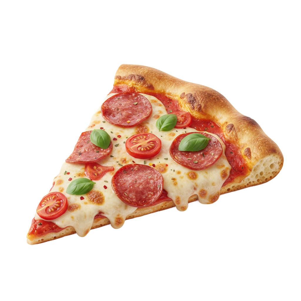 Create a delicious pizza slice with melted cheese and fresh toppings