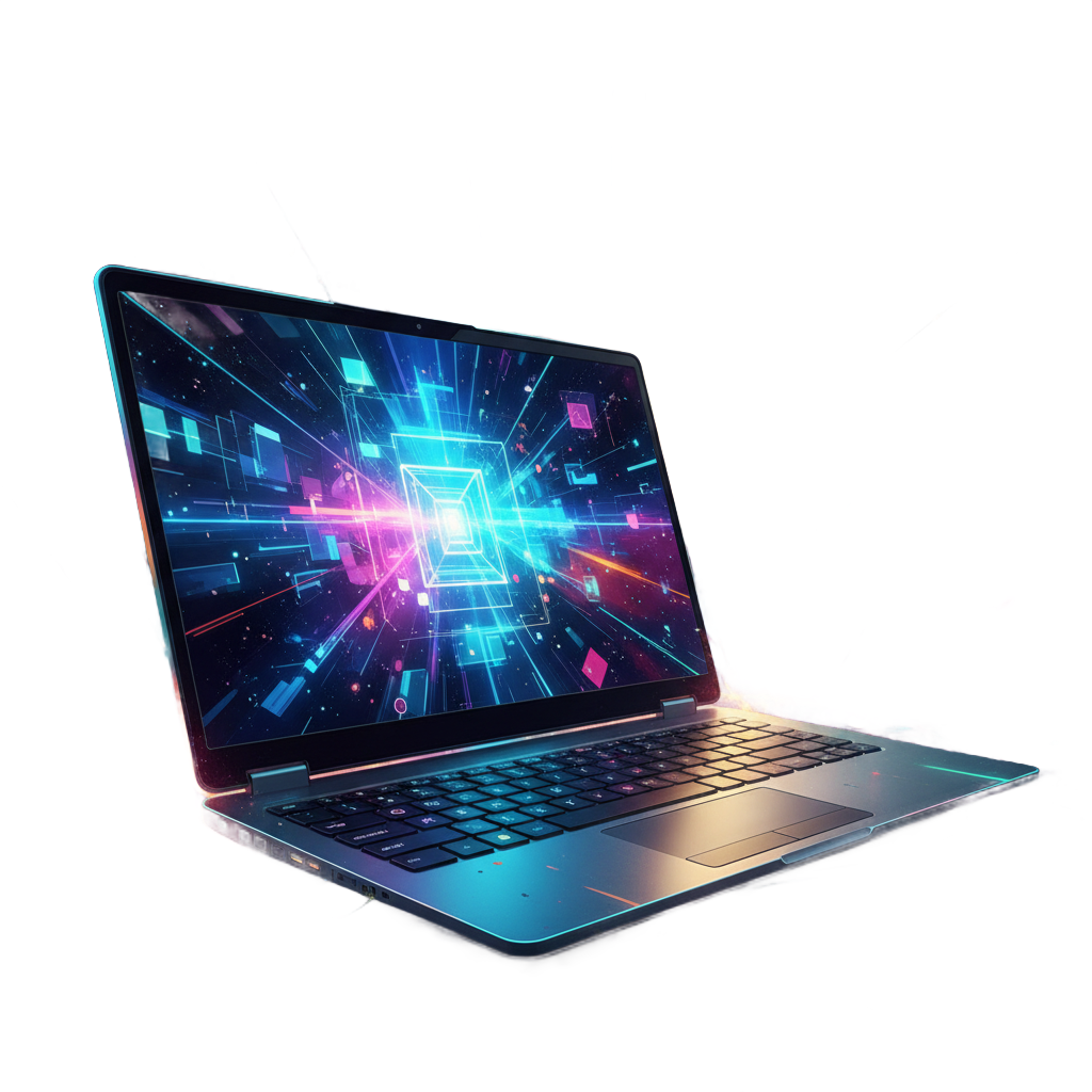 Design a modern laptop computer with glowing screen and sleek profile